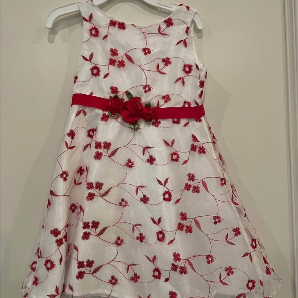 Floral Embroidered Kids Dress - White and Red